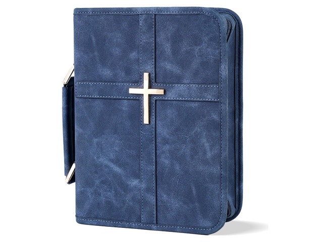 Vegan Leather Bible Cover Case, Bible Bag with Phone Pocket, Bible Case for Men Women, Christian Gift Box Packaging (Indigo)