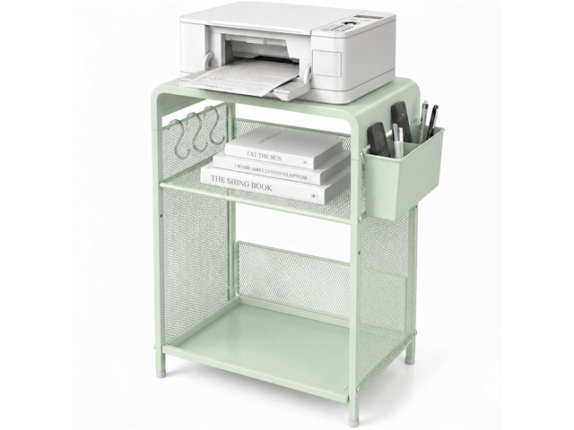 Small 3 Tier Printer Stand for Under Desk, Height Adjustable Shelf Printer Table with 3 S-Hooks & Basket, Heavy Duty Industrial Storage Shelf for...