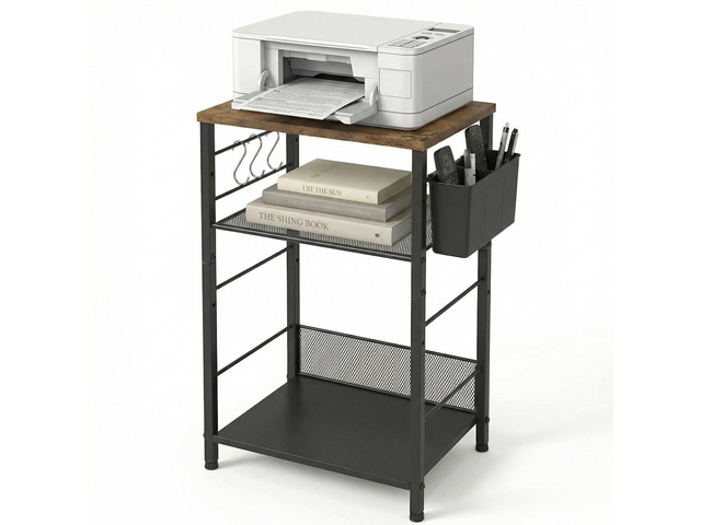 Small 3 Tier Printer Stand for Under Desk, Height Adjustable Shelf Printer Table with 3 S-Hooks & Basket, Heavy Duty Industrial Storage Shelf for...