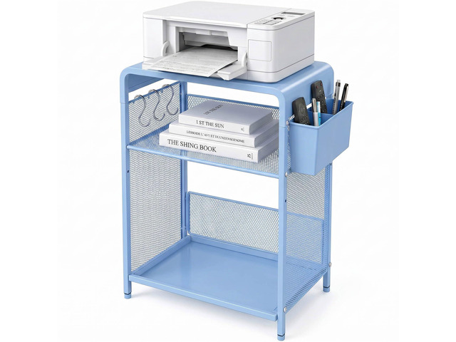 Small 3 Tier Printer Stand for Under Desk, Height Adjustable Shelf Printer Table with 3 S-Hooks & Basket, Heavy Duty Industrial Storage Shelf for...