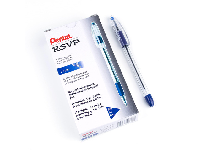 RSVP Ballpoint Pen, (0.7mm) Fine Line, Blue Ink, Box of 12 (BK90-C)