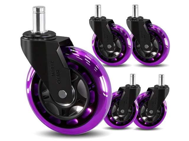 Office Chair Caster Wheels Replacement 3 Inch Roller Blade, Set of 5 Purple Heavy Duty Quiet No Scratch Rubber Gaming Chair Wheel for Hardwood...