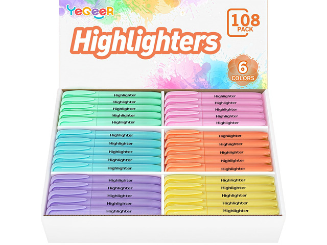 Highlighters Bulk, Chisel Tip Dry-Quickly Highlighter Markers, 108 Count-6 Assorted Colors Highlighters Bulk Pack for Adult Kids, Office Classroom...
