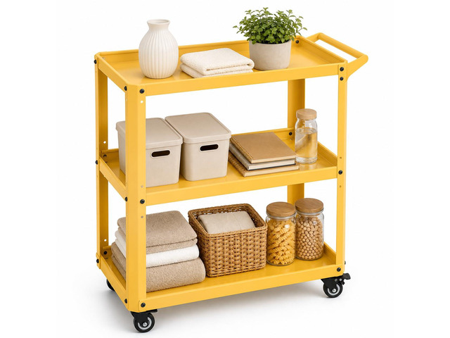 3 Tier Metal Utility Rolling Cart with Wheels, Yellow Heavy Duty Storage Organizer, 330Lbs Capacity, Multi-Purpose, For Kitchen, Bathroom, Office,...