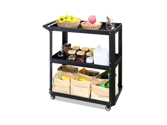 3 Tier Metal Utility Rolling Cart with Wheels, Black Heavy Duty Storage Organizer, 330Lbs Capacity, Multi-Purpose, For Kitchen, Bathroom, Office,...