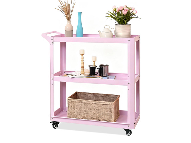 3 Tier Metal Utility Rolling Cart with Wheels, Pink Heavy Duty Storage Organizer, 330Lbs Capacity, Multi-Purpose, For Kitchen, Bathroom, Office,...