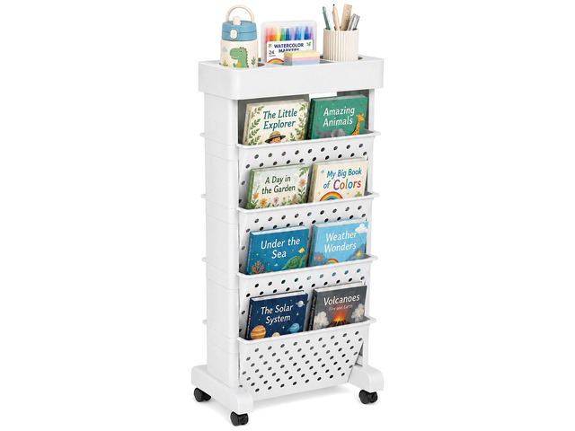 5-Tier Rolling Bookshelf Cart with Wheels, White Slim Mobile Book Cart, Plastic Magazine Rack Rolling File Paper Organizer for Home Office Study...
