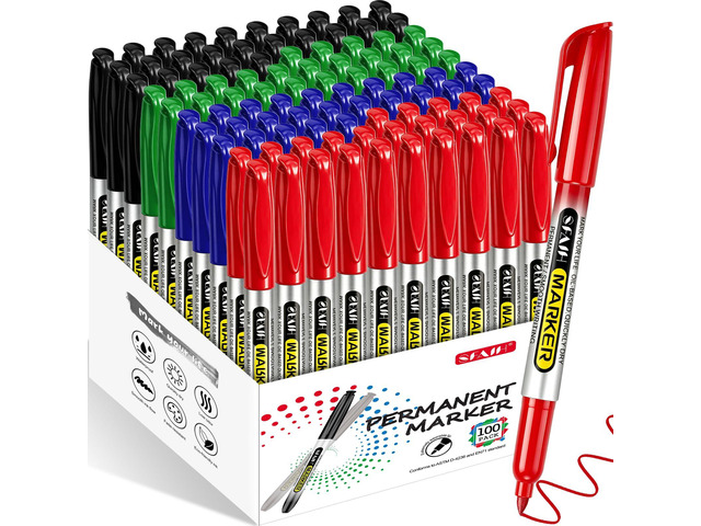 4 Colors Permanent Markers Bulk - 100 Pack, Black Green Blue Red 1s Quick Drying, Long-Lasting, Ideal for Office, School, Warehouse, Business,...