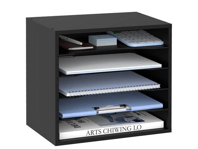 5 Tier Wood Desk Organizer, Mail Sorter and Paper Organizer for Desk, Black Wooden Desktop Organizer for Sorting Papers, Letters and Mails,...
