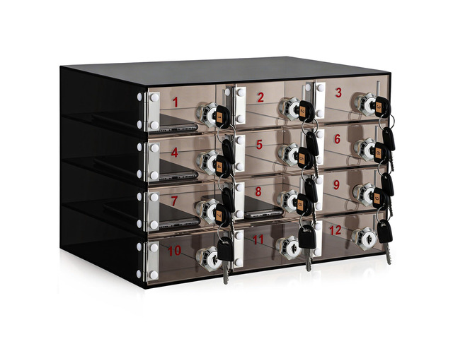 Cell Phone Locker Box for Classroom, Back to School, Black, 12 Slots Clear Acrylic Cell Phone Storage Cabinet Bin with Door Locks for Classroom...
