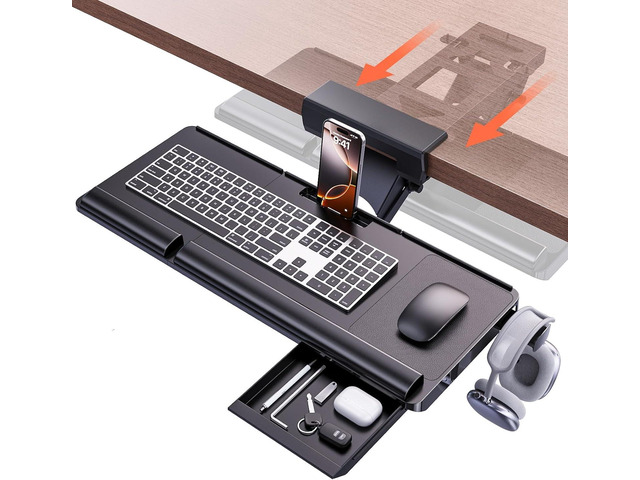 Upgraded Ergonomic Keyboard Tray Under Desk, Adjustable Sliding Keyboard Platform Holder, Keyboard Stand with Wrist Rest & Storage Drawer for Home,...