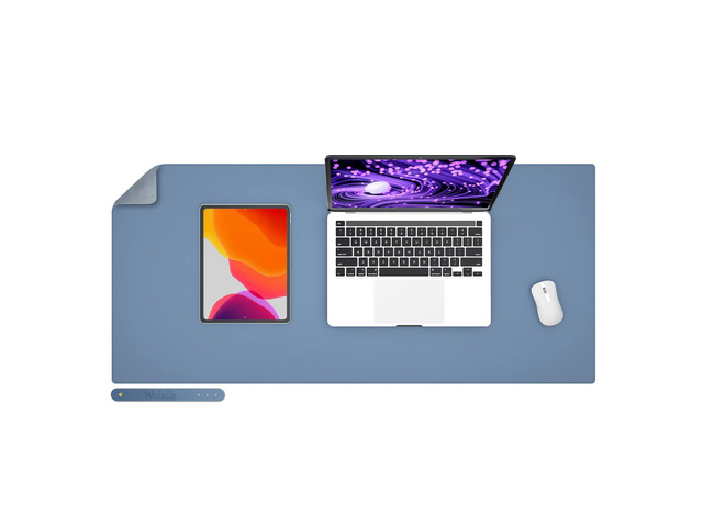 Faux Leather Desk Pad Blotter,Water and Slip Resistant Writing Desk Protector Mat,Blue Large Mouse Pad for Desktop/Office Home Table Cover,36x17 in