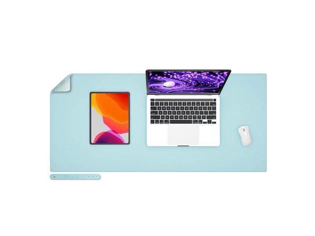 Faux Leather Desk Pad Blotter,Waterproof Non-Slip Writing Desk Mat for Kids,36x17 in Desktop Protector Large Mouse Pad,Light Blue Office Home Table...