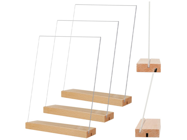 5x7 Acrylic Sign Holder with Wood Base 3 Pack L/T Shape Vertical or Slant Back Display for Wedding, Restaurant, Store, Office, Hotel