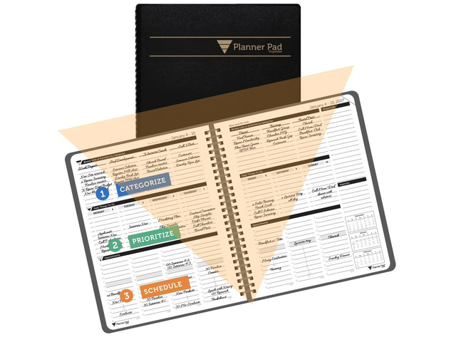 Spiral Bound January-December 2027/ Calendar Year 6 3/4' x 8 1/2' Medium 3-Tier Funnel Down 12 Month/Weekly Organizer, Black Cover/Black Ink