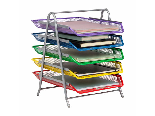 5-Tier Paper Tray Organizer with Multicolor Trays, Classroom File Organizer for Teachers, Metal Mesh, Assorted Colors