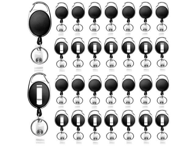 30 Packs Heave Duty Badge Reels Retractable with Carabiner Belt Clip and Key Ring, Badge Holders for ID Card Name Keychain(Black, 26.5 Inch Pull Cord)
