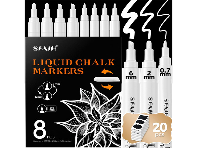 White Liquid Chalk Markers for Blackboard Glass 8 Pack, 20 Pcs Labels Wet Erase No Residue, (4x) 2mm/4mm Reversible & (4x) 0.7mm Fine Tip, Ultra...
