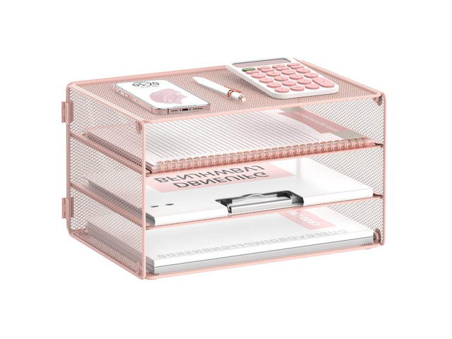 3 Tier Letter Tray Paper Organizer with Sliding Mesh Trays Pink Metal Mesh File Organizer with Sliding Trays for Letter and A4 Paper, Mail, Bills,...