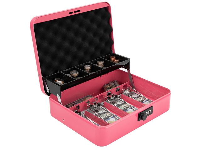 Cash Box with Combination Lock & Foam Auto-Pop Coin Tray Secure Steel Money Box with 4 Upgraded Finger-Safe Bill Clips, Premium Smooth...