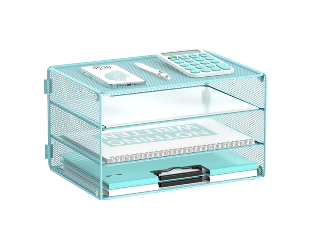 3 Tier Letter Tray Paper Organizer with Sliding Mesh Trays Blue Metal Mesh File Organizer with Sliding Trays for Letter and A4 Paper, Mail, Bills,...