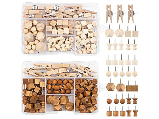 180 Pcs Push Pins for Cork Board, Wooden Push PinsThumb Tacks 2 Colors and 7 Types Wooden Head Pin Map Tacks, Decorative Thumb Tacks for Bulletin...