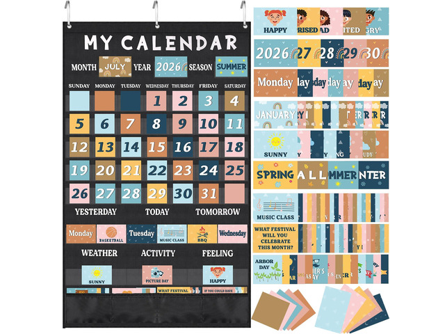 Boho Classroom Calendar Pocket Chart Set, 171 Pcs Large Calendar Bulletin Board with Weather, Seasons, Holidays & Date Cards, Black Pocket Chart...