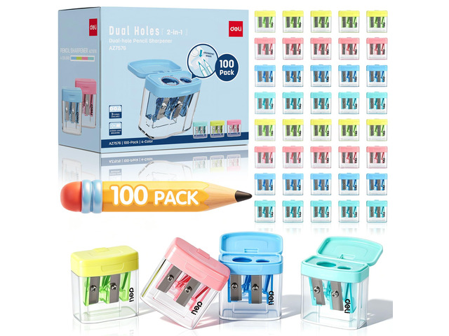 Pencil Sharpener, 100 Pack Pencil Sharpeners Manual Dual Holes Compact Colored Handheld Pencil Sharpener with Lid for Kids, School, Office