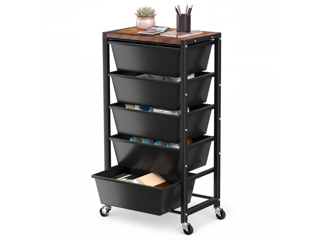 Rolling Cart with 5 Drawers, Plastic Drawer Storage Carts with Wheels & Wooden Tabletop, Metal Utility Cart for Office Bedroom Living Room...