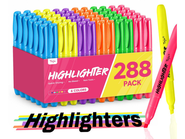 288 Pack Highlighters, 6 Assorted Colors, Value Bulk Pack, Chisel Tip Markers with Smooth Quick-Drying Ink, Broad & Precise Lines for Notes,...