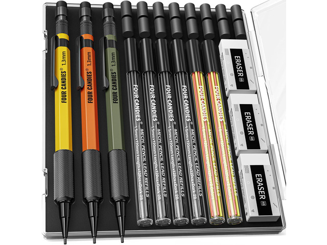 1.3mm Metal Mechanical Pencil Set with 72 Lead Refills, 3-Pack Heavy Duty Weatherproof Body, 3 Eraser, 16 Eraser Refills, Storage case for Outdoor...
