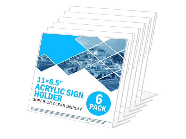 Acrylic Sign Holder 8.5 x 11 Horizontal 6 Pack Slant Back Acrylic Stands for Display Plexiglass Clear Acrylic Display Stands for Ad Frame, Picture...