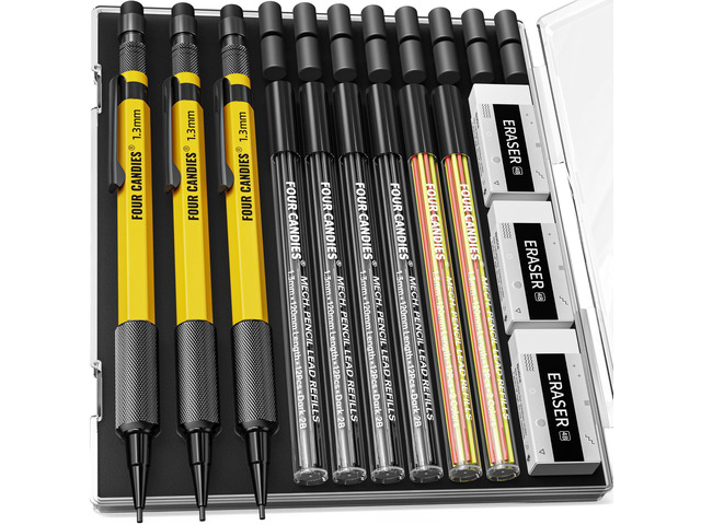 3PCS 1.3mm Metal Mechanical Pencil Set with Case (Yellow) 72 Refills (Red,Black,Yellow), 3 Erasers, 16 Eraser Refills, Weatherproof Body for...
