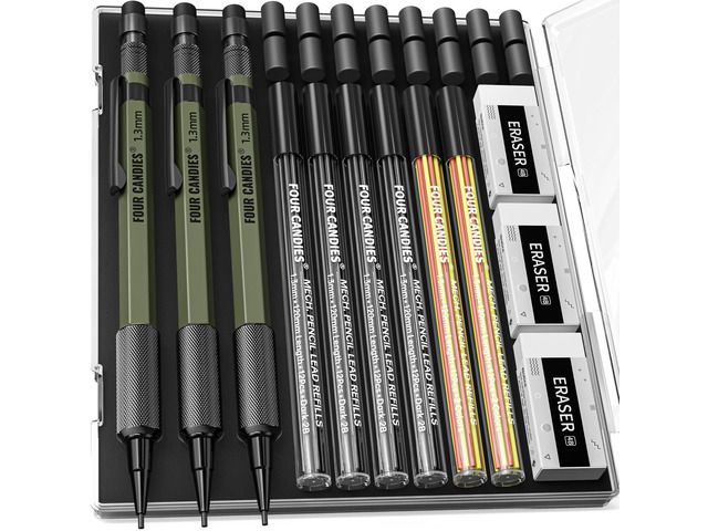 1.3mm Metal Mechanical Pencil Set with 72 Lead Refills, 3-Pack Weatherproof Body, Heavy Duty, 3 Erasers, 16 Eraser Refills, Storage Case for...