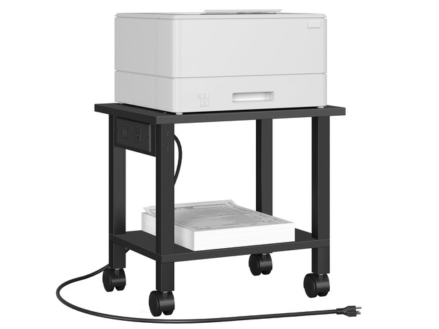 Printer Stand, 2 Tier Rolling Printer Cart with Charging Station Small Under Desk Printer Table with Wheels for Small Space, Office, Home, Black...