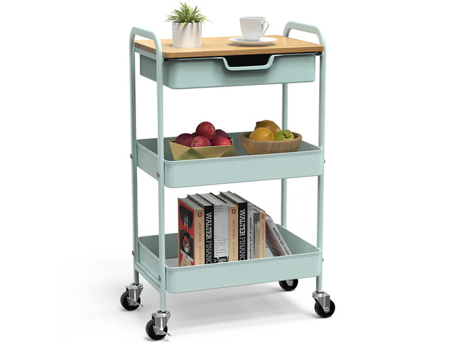 3 Tier Rolling Cart, Utility Cart with Drawer& Table Top, Mint Green Metal Rolling Kitchen Storage Organizer Cart with Locking Wheels for Bathroom,...