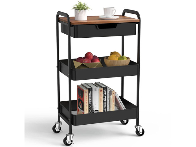 3 Tier Rolling Cart with Drawer, Metal Utility Cart with Table Top Storage Cart with Locking Wheels, Kitchen Cart Art Cart Organizer for Bathroom,...