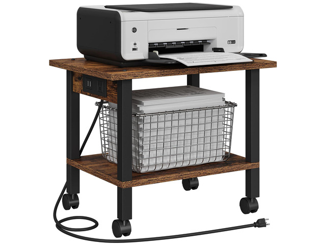 Printer Stand, 2 Tier Rolling Printer Cart with Charging Station Small Under Desk Printer Table with Wheels for Small Space, Office, Home, Brown...