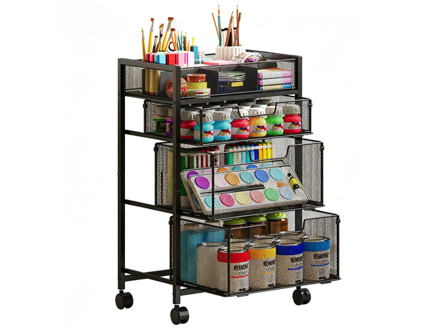 4-Tier Rolling Utility Cart with 3 Drawers, Craft Organizer and Storage with DIY Divider, Art-Craft Supplies with Caster Wheels, Multi-Functional...