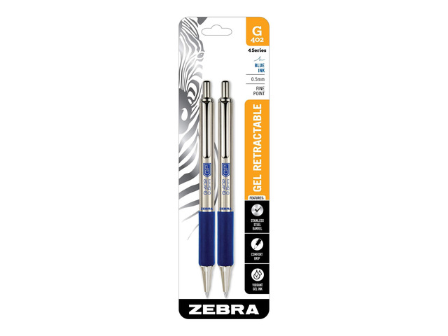 STEEL G-402 Retractable Gel Pen, Blue Ink, 0.5mm, 2-Pack Stainless Steel Weighted Barrel, Comfort Grip, Easy-Glide Smooth, Skipless Ink, Fine...