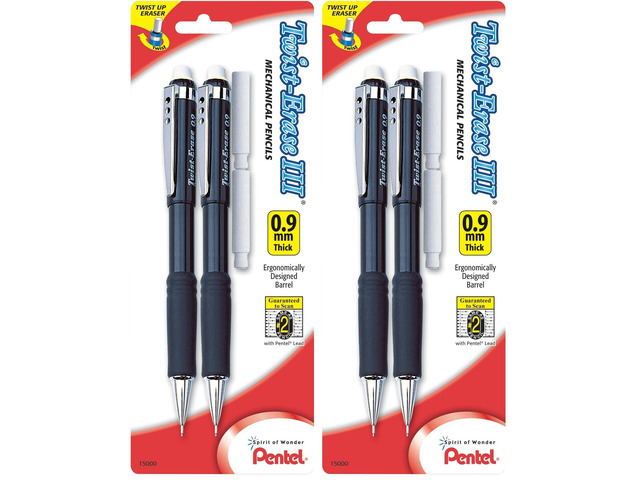 Twist-Erase III Mechanical Pencil, (0.9mm), Assorted Barrel Colors with 2 Eraser Refills (QE519BP2-K6) (Pack of 4)