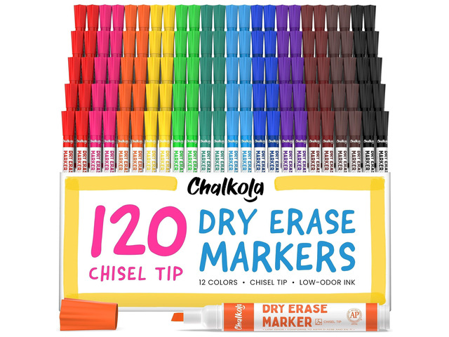 Bulk Dry Erase Markers for Classroom (120 Pack, 12 Vibrant Colors) Erasable, Low Odor, Chisel Tip WhiteBoard Markers, Dry Erase Pens for Kids,...