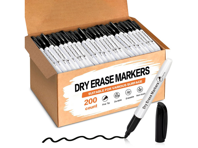 200 Pack Dry Erase Markers Bulk Black Whiteboard Markers Fine Tip Dry Pen Washable Non-toxic Low Odor Wipe-Clean Back to School Supplies for...