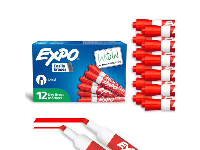 Dry Erase Markers, Low Odor Ink, Red, Chisel Tip, 12 Count