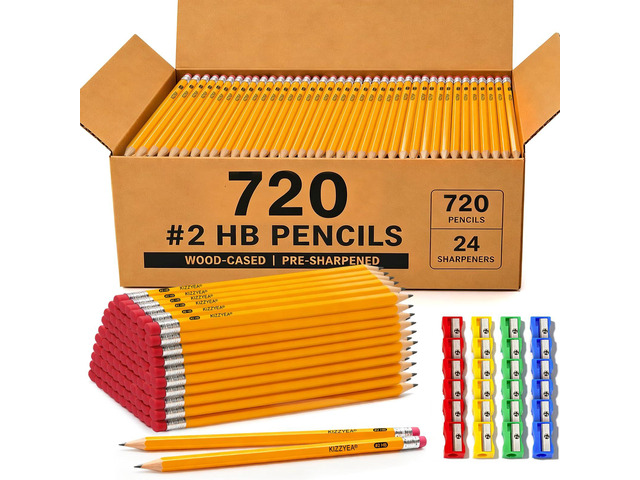 Pre-Sharpened Pencils Bulk Wood-Cased #2 HB Pencils 720 Count 24 Sharpeners Pencils Bulk, Classroom Use, Back to School Supplies, Writing Drawing...