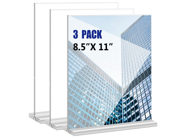 Acrylic Sign Holder 8.5x11 Inches 3 Pack T Shape Desktop Display Stand Vertical Double Sided Clear Table Menu Flyer Holder for Restaurants, Office,...