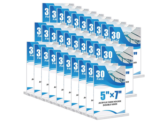 30 Pack Acrylic Sign Holder 5x7, Clear Double Sided Tabletop Menu Display, Desktop Flyer Stand with Vertical Base, Plastic Paper Picture Frame...