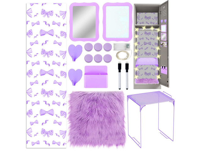 16 Pcs Locker Accessories Kit Purple Locker Organizer Decorations Include Bow Wallpaper String Light Magnetic Whiteboard Mirror Storage Cup Marker...