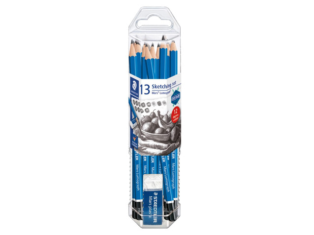 Mars Lumograph 13pc Drawing Pencils & Eraser Set: 12 Hardness Grades 8B-2H, Mars Plastic Eraser, Pre-sharpened, Art Supplies for Drawing, Shading,...