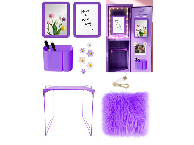 14 Pcs Purple Locker Accessories Kit with Locker Shelf Locker Organizer for Girls, Magnetic Whiteboard Mirror Rug String Light Pen Holder Flower...